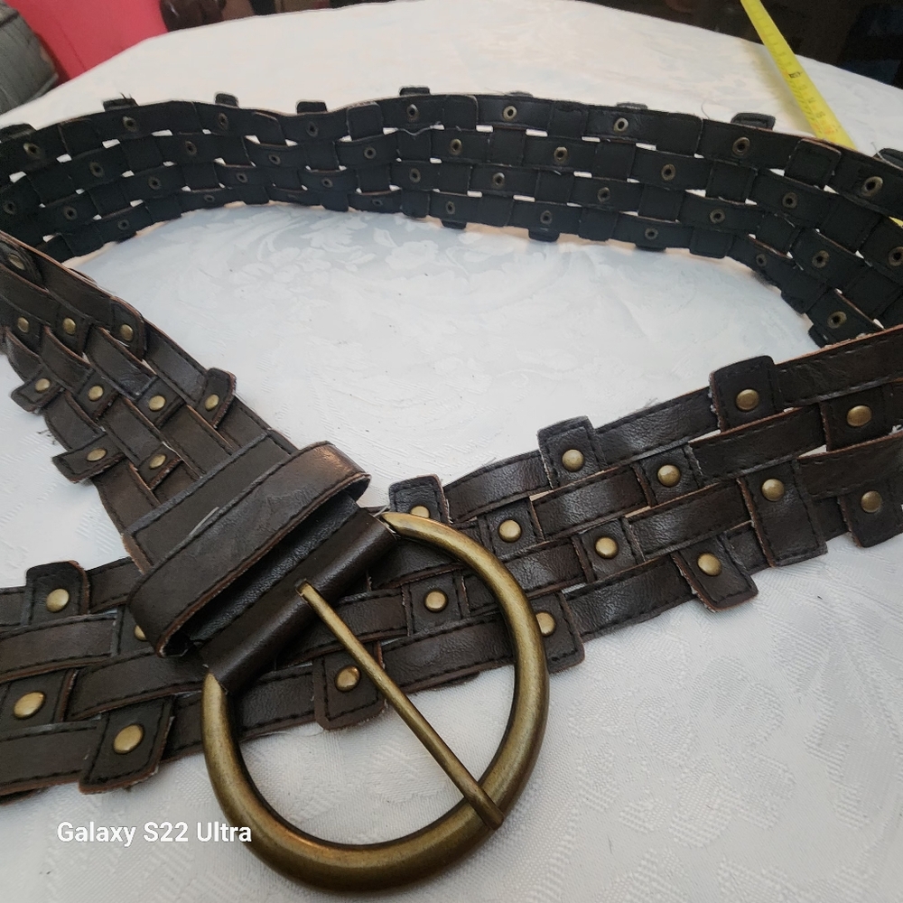 Womens Belt Sz 34 Brown Woven Brass Buckle 43"L X 1.75" W Boho Festival Retro